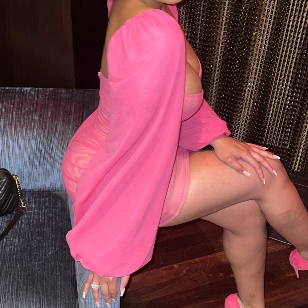 OhPolly Puff Sleeve Ruched Mesh Mini Dress in Hot Pink